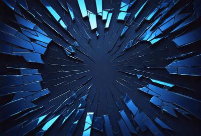 The primary subject of the image is a large, circular, blue glass window. The window is surrounded by a black background, giving it a striking appearance. The visual style of the image is a combination of photo and digital art, creating a unique and intriguing scene. The colors and mood of the image are predominantly blue, with a sense of depth and complexity.