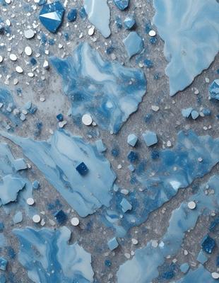 The primary subject of the image is a blue and white marbled surface, which appears to be a piece of marble or a marbled wall. The setting is a room with a blue and white marbled floor, and the visual style is a close-up of the marbled surface. The colors and mood of the image are predominantly blue and white, creating a calm and serene atmosphere.
