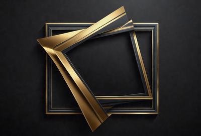 The primary subject of the image is a gold frame with a square shape. The setting is a black background, which contrasts with the gold frame. The visual style is a combination of photo and digital art, creating a unique and eye-catching design. The colors and mood of the image are predominantly gold and black, giving it a sophisticated and elegant appearance.