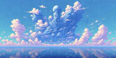 The primary subject of the image is a cloud formation that resembles a penis. The cloud is situated in a blue sky, and it appears to be floating above a body of water. The visual style of the image is digital art, and the colors and mood are predominantly blue and light-hearted.