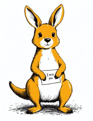The primary subject of the image is a cute cartoon rabbit holding a card that says "I miss you." The rabbit is sitting on the ground, and the card is placed in its lap. The visual style of the image is a hand-drawn illustration, giving it a unique and personal touch. The colors and mood of the image are warm and inviting, with the rabbit's fur and the card's text being the main focus.