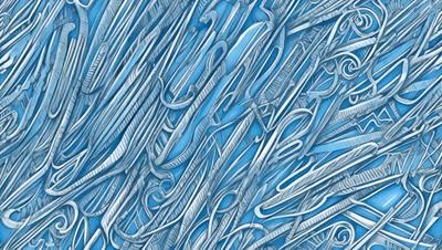 The primary subject of the image is a collection of scissors, which are the main objects in the scene. The scissors are arranged in a pattern, creating a visually interesting and artistic display. The setting is a blue background, which adds to the overall mood of the image. The visual style of the image is a combination of digital art and illustration, as the scissors are depicted in a detailed and intricate manner. The dominant colors in the image are blue and silver, which contribute to a calm and