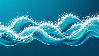 The primary subject of the image is a blue wave with white sparkles. The setting is a blue background, and the visual style is digital art. The dominant colors are blue and white, creating a calm and serene atmosphere.