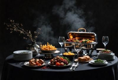 The primary subject of the image is a table filled with a variety of foods, including plates of fries, meat, and vegetables. The table is set with wine glasses, forks, knives, and spoons, creating an inviting atmosphere for a meal. The setting is a dining table, and the visual style is a photo. The colors and mood of the image are warm and inviting, with the food and tableware creating a sense of abundance and enjoyment.