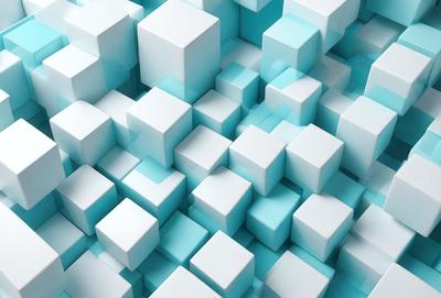 The primary subject of the image is a blue and white checkered pattern. The setting is a blue background, and the visual style is digital art. The dominant colors are blue and white, creating a calm and soothing atmosphere.