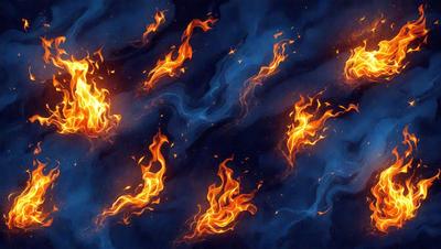 The primary subject of the image is a series of flames, which are the main objects in the scene. The setting is a blue background, which creates a contrasting and visually appealing environment. The visual style of the image is a combination of photo and digital art, as it appears to be a photo with a digital artistic touch. The dominant colors in the image are orange and blue, which create a warm and cool atmosphere, respectively.