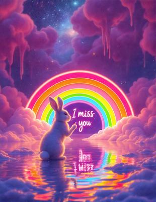 The primary subject of the image is a white bunny rabbit standing in a pink and white cloudy environment. The setting appears to be a whimsical, dreamy, and colorful landscape. The visual style of the image is digital art, as it is a well-crafted and detailed illustration. The dominant colors in the image are pink, white, and various shades of blue, creating a warm and cheerful atmosphere.