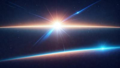 The primary subject of the image is a sunset, with the sun rising over the horizon. The setting is a night sky, and the visual style is a photo. The colors and mood of the image are warm and serene, with the sun's rays creating a beautiful and dramatic backdrop.