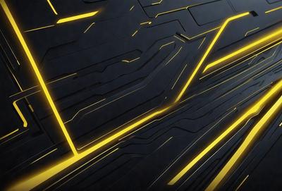 The primary subject of the image is a black and yellow patterned wall. The setting is a dark room with a black background. The visual style is a combination of digital art and illustration. The dominant colors are black and yellow, creating a bold and striking atmosphere.