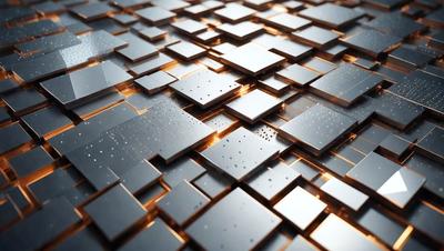 The primary subject of the image is a pattern of squares made of metal. The setting is a close-up view of the pattern, which is displayed on a surface. The visual style is a combination of digital art and illustration, creating a unique and intricate design. The colors and mood of the image are predominantly silver and gold, giving it a sophisticated and elegant appearance.