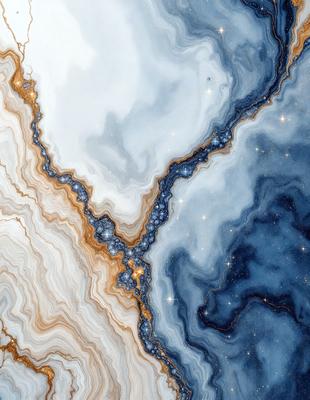 The primary subject of the image is a large, intricately designed marble tile. The tile features a blue and white color scheme, with a pattern that resembles a cracked or split surface. The setting is a room with a blue background, which complements the tile's design. The visual style of the image is a combination of photo and digital art, creating a unique and eye-catching pattern. The overall atmosphere of the image is elegant and sophisticated, with the blue and white color scheme adding a touch