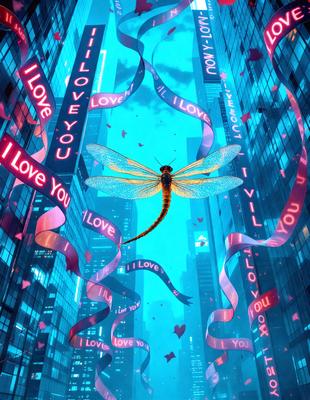 The primary subject of the image is a dragonfly, which is flying in front of a tall building. The setting is a cityscape with a blue sky in the background. The visual style is a digital art, creating a surreal and whimsical atmosphere. The dominant colors are blue and pink, which add to the overall mood of the scene.