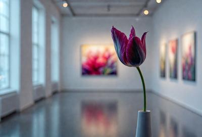 The primary subject of the image is a single pink flower, which is placed in a white vase. The setting is a white room with a window, and the visual style appears to be a photo. The dominant colors in the image are white and pink, creating a calm and serene atmosphere.