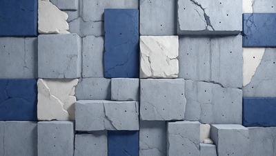 The primary subject of the image is a large, textured wall made of cement blocks. The setting is a stone wall, and the visual style is a photo. The dominant colors are gray and blue, creating a moody atmosphere. The wall is adorned with blue and white blocks, adding a unique and artistic touch to the overall design.