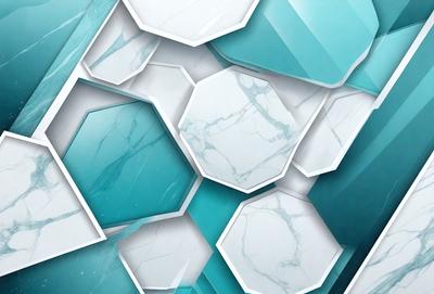 The primary subject of the image is a large, intricate design made up of many small, hexagonal shapes. The design is predominantly blue and white, creating a visually striking and elegant appearance. The setting is a white marble surface, which serves as the background for the design. The visual style of the image is a combination of digital art and illustration, showcasing the artist's skill in creating a complex and detailed pattern. The colors and mood of the image are predominantly calm and serene,