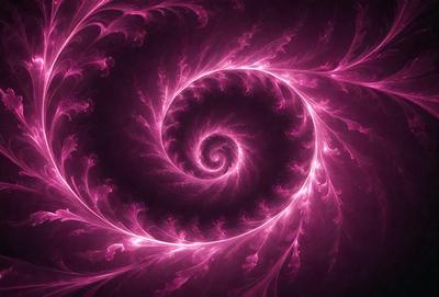 The primary subject of the image is a large, swirling, pink spiral pattern. The setting is a dark background, which contrasts with the bright pink color of the spiral. The visual style appears to be a combination of a photo and digital art, creating a unique and eye-catching design. The colors and mood of the image are predominantly pink, giving it a warm and vibrant atmosphere.
