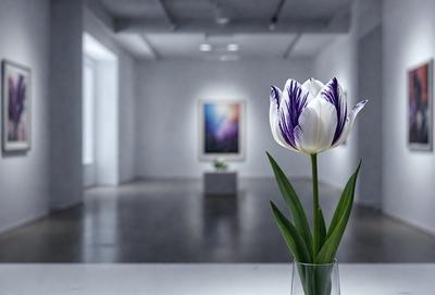 The primary subject of the image is a single white tulip flower, which is placed in a clear glass vase on a white table. The setting is a room with a white wall, and the visual style appears to be a photo. The dominant colors in the image are white and purple, creating a clean and elegant atmosphere.