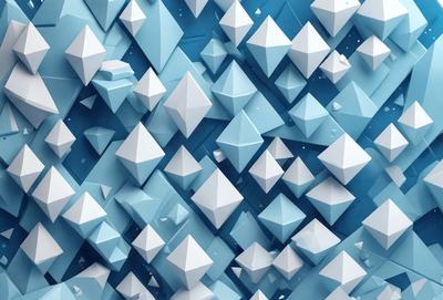 The primary subject of the image is a large, intricate, and colorful pattern made up of many small, white, and blue geometric shapes. The setting is a blue background, which contrasts with the white and blue shapes. The visual style is a combination of digital art and illustration, creating a unique and eye-catching design. The colors and mood of the image are predominantly white, blue, and a touch of gray, giving it a clean, fresh, and modern appearance.