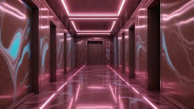 The primary subject of the image is a hallway with a pink lighting effect. The setting is a long, narrow hallway with a patterned wall. The visual style is a combination of photo and digital art, creating a unique and artistic atmosphere. The colors and mood are predominantly pink, giving the scene a warm and inviting feel.