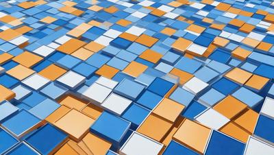 The primary subject of the image is a large, colorful mosaic made up of various shapes and colors. The setting is a blue and orange background, which adds to the vibrant atmosphere of the mosaic. The visual style is a combination of digital art and illustration, creating a unique and eye-catching pattern. The dominant colors are blue and orange, which create a lively and energetic mood.