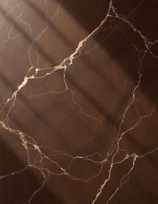 The primary subject of the image is a marble countertop with a brown and white pattern. The setting is a room with a brown floor, and the visual style is a photo. The countertop has a brown and white marble pattern, and the colors and mood of the image are warm and natural.