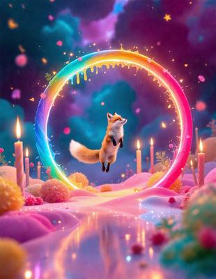 The primary subject of the image is a fox, which is depicted in a whimsical and colorful scene. The fox is standing on a rainbow-colored ring, surrounded by a variety of candles. The setting appears to be a fantastical and imaginative environment, possibly a digital art or illustration. The colors and mood of the image are vibrant and lively, with the rainbow ring and candles adding a sense of playfulness and creativity to the scene.