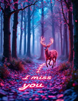 Primary subject: A deer with antlers walking down a path.

Setting/background: A forest with trees and a path.

Visual style: Digital art.

Colors and mood: The image is in pink and purple, creating a warm and serene atmosphere.