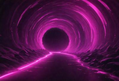 The primary subject of the image is a tunnel with a pink light illuminating it. The tunnel appears to be a part of a larger structure, possibly a space station. The setting is a dark, futuristic environment, with the tunnel being the main focus of the image. The visual style is a combination of photo and digital art, creating a unique and captivating scene. The dominant colors are pink and purple, giving the image a futuristic and surreal atmosphere.