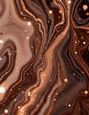 The primary subject of the image is a close-up of a brown and gold patterned surface, which appears to be a marbled or textured material. The setting is a dark background, which contrasts with the bright colors of the pattern. The visual style is a combination of a photo and digital art, as the image has a slightly blurred appearance, giving it a unique and artistic look. The colors and mood of the image are warm and inviting, with the brown and gold tones creating a sense of depth and