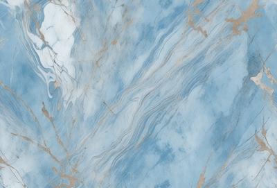 The primary subject of the image is a blue marble tile with a pattern of swirls and waves. The setting is a bathroom, as indicated by the presence of the marble tile. The visual style is a close-up of the tile, showcasing its intricate design. The dominant colors in the image are blue and white, creating a calm and soothing atmosphere.