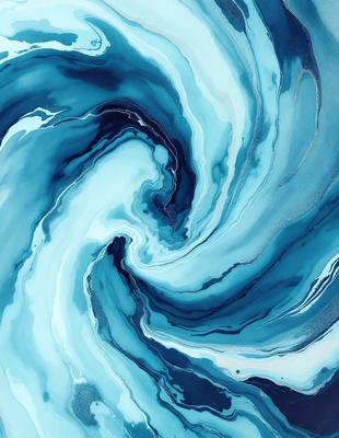 The primary subject of the image is a swirling blue and white pattern, which appears to be a digital art or illustration. The setting is a blue and white ocean, with a blue and white wave pattern. The visual style is a combination of digital art and illustration, creating a unique and captivating image. The dominant colors are blue and white, giving the scene a calming and serene atmosphere.