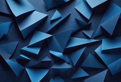 The primary subject of the image is a blue wall with a pattern of triangles. The setting is a room with a blue background, and the visual style appears to be a digital art or illustration. The dominant colors are blue and white, creating a calm and soothing atmosphere.