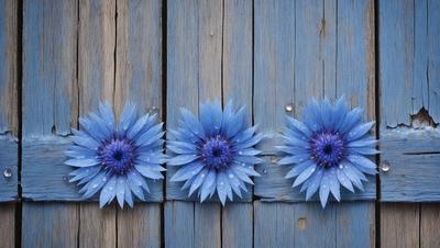 The primary subject of the image is a row of three blue flowers with drops of water on them, arranged on a wooden surface. The setting is a wooden wall, and the visual style appears to be a photo. The dominant colors are blue and white, creating a calm and serene atmosphere.