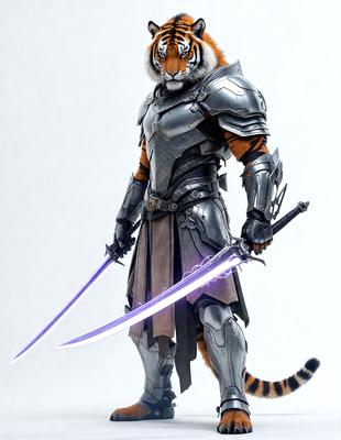 The primary subject of the image is a man dressed in a suit of armor, holding two swords. The setting is a white background, which provides a clean and uncluttered environment for the man to stand out. The visual style is a combination of digital art and illustration, creating a detailed and realistic representation of the man in armor. The colors and mood of the image are predominantly dark, with the man's armor and the swords being the main focus, giving the image a sense of intensity