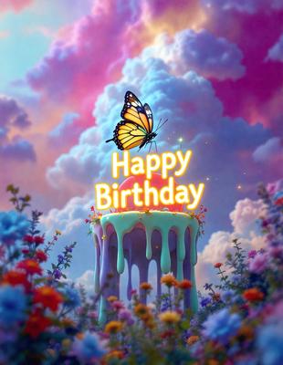 The primary subject of the image is a birthday cake with a butterfly on top, placed in a colorful and whimsical setting. The cake is adorned with a yellow "Happy Birthday" message. The visual style of the image is a combination of digital art and illustration, creating a vibrant and lively atmosphere. The colors and mood of the image are predominantly bright and cheerful, with a focus on celebration and joy.