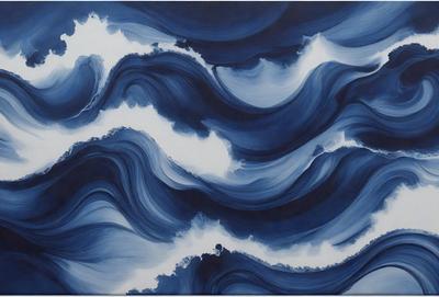 The primary subject of the image is a painting of a blue ocean with waves. The setting is a dark background, which contrasts with the bright blue ocean. The visual style is a painting, and the colors and mood are predominantly blue, creating a serene and calming atmosphere.