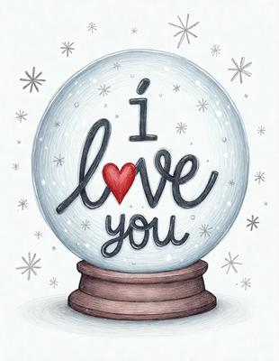 The primary subject of the image is a heart-shaped snow globe with the words "I Love You" written on it. The setting is a white background, and the visual style is a hand-drawn illustration. The colors are predominantly white and red, creating a warm and affectionate atmosphere.