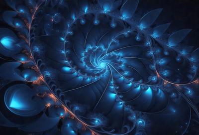 The primary subject of the image is a spiral-shaped blue pattern, which appears to be a digital art or illustration. The setting is a dark blue background, and the visual style is a combination of digital art and illustration. The colors and mood of the image are predominantly blue, creating a calm and serene atmosphere.