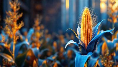 The primary subject of the image is a tall, blue corn plant with a yellow tip. The plant is standing in a field of yellow flowers, creating a vibrant and lively scene. The setting appears to be a sunny day, with the sunlight illuminating the corn plant and the surrounding flowers. The visual style of the image is a close-up of the corn plant, showcasing its unique features and colors. The dominant colors in the image are blue and yellow, with the blue corn plant and the yellow flowers creating
