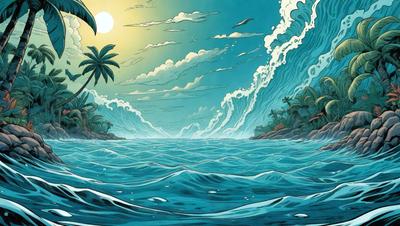 The image is a digital artwork featuring a beautiful blue ocean with waves. The primary subject is a surfer riding a wave, with the surfer's silhouette visible against the blue water. The setting is a tropical island, with palm trees and a sun visible in the background. The visual style is a combination of realistic elements and artistic expression, creating a vibrant and lively atmosphere. The colors and mood are predominantly blue, with a hint of green from the palm trees, and a