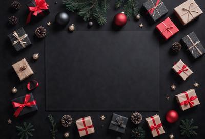 The primary subject of the image is a black frame with a white background. The setting is a Christmas-themed scene, featuring a variety of ornaments and presents. The visual style is a combination of digital art and illustration, creating a festive and colorful atmosphere. The dominant colors are red, white, and black, with the red ornaments and presents adding a vibrant touch to the overall mood.