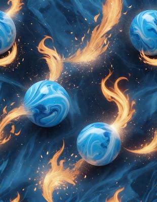 The primary subject of the image is a group of three blue and white balls, which are the main objects in the scene. The setting is a blue background, and the visual style appears to be a digital art or illustration. The dominant colors in the image are blue and white, creating a calm and serene atmosphere.