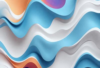 The primary subject of the image is a large, colorful, and abstract artwork featuring a combination of blue, white, and orange colors. The setting is a white wall, which serves as the background for the artwork. The visual style of the image is a mix of digital art and illustration, creating a unique and eye-catching pattern. The dominant colors in the artwork are blue, white, and orange, which contribute to a vibrant and lively atmosphere.