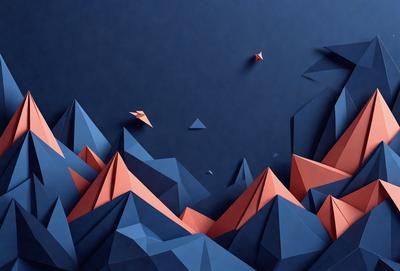 The primary subject of the image is a mountainous landscape with a blue sky. The setting is a mountain range, and the visual style is a combination of digital art and illustration. The colors and mood of the image are predominantly blue and dark, creating a sense of depth and mystery.