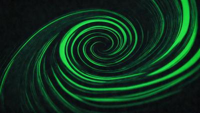 The primary subject of the image is a spiral pattern with a green glow. The setting is a black background, which contrasts with the green spiral. The visual style appears to be a digital art or illustration, as the spiral has a distinct and vibrant appearance. The colors and mood of the image are predominantly green, creating a sense of movement and energy.