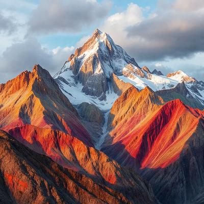 The primary subject of the image is a mountain with a snow-covered peak. The mountain is surrounded by a beautiful landscape, with a red and orange hue to the sky. The setting appears to be a mountainous area with a cloudy sky, creating a dramatic and serene atmosphere. The visual style of the image is a photo, capturing the stunning natural beauty of the mountain and its surroundings.