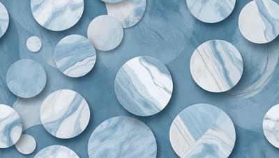 The primary subject of the image is a collection of circular objects, which are likely marble circles. These circles are arranged in a visually appealing manner, creating a sense of depth and dimension. The setting is a blue background, which adds a striking contrast to the marble circles. The visual style of the image is a combination of photo and digital art, as it appears to be a photograph of a digital artwork. The colors and mood of the image are predominantly blue, giving it a calm and serene atmosphere.