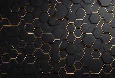 The primary subject of the image is a black and gold patterned wallpaper. The setting is a black background, and the visual style is a close-up of the pattern. The dominant colors are black and gold, creating a sophisticated and elegant atmosphere.
