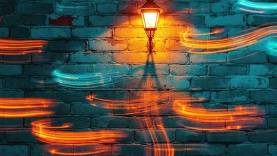 The primary subject of the image is a light fixture, which is mounted on a brick wall. The light is shining brightly, creating a warm and inviting atmosphere. The setting is a brick wall, which adds a textured and rustic feel to the scene. The visual style of the image is a combination of photo and digital art, creating a unique and eye-catching effect. The colors and mood of the image are predominantly warm and vibrant, with the light source being the main focus and source of