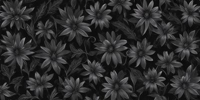 The primary subject of the image is a pattern of black and white flowers. The setting is a black background, which creates a striking contrast with the white flowers. The visual style is a combination of a photo and digital art, as the flowers are depicted in a detailed and intricate manner. The dominant colors are black and white, giving the image a classic and elegant appearance.